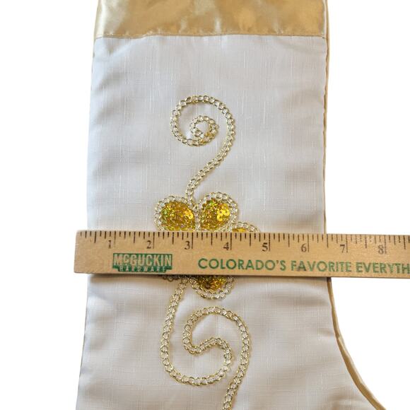 Gold White Christmas Stocking Sequin Floral 17" Satin Beaded Holiday Decor - Picture 5 of 12